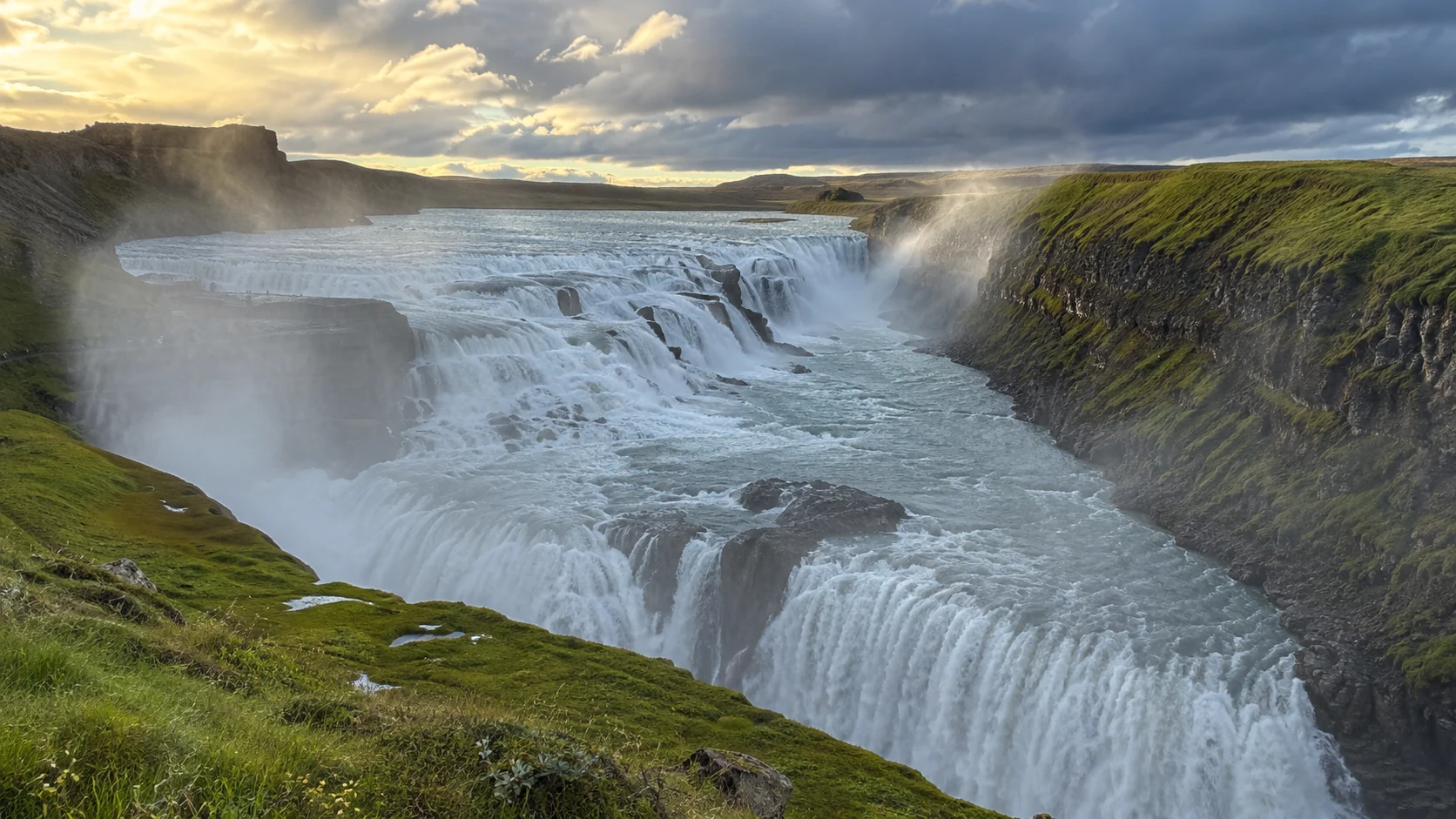 Powerful tiers of Gullfoss waterfall along Iceland's Golden Circle.
