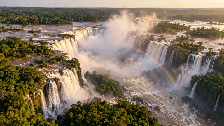 Iguazú Falls surrounding the misty Devil's Throat amid subtropical rainforest