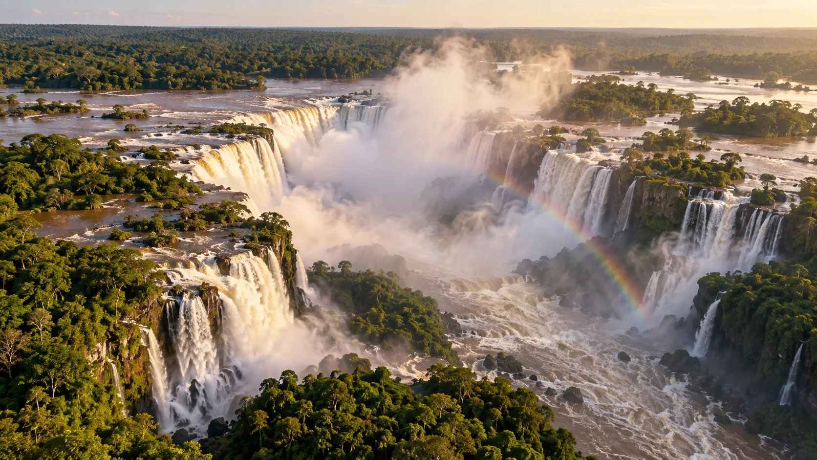 Iguazu Falls surrounding the misty Devil's Throat amid subtropical rainforest