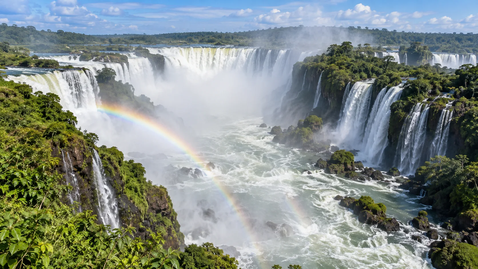 Devil's Throat and layered Iguazu Falls surrounded by rainforest and rainbow mist