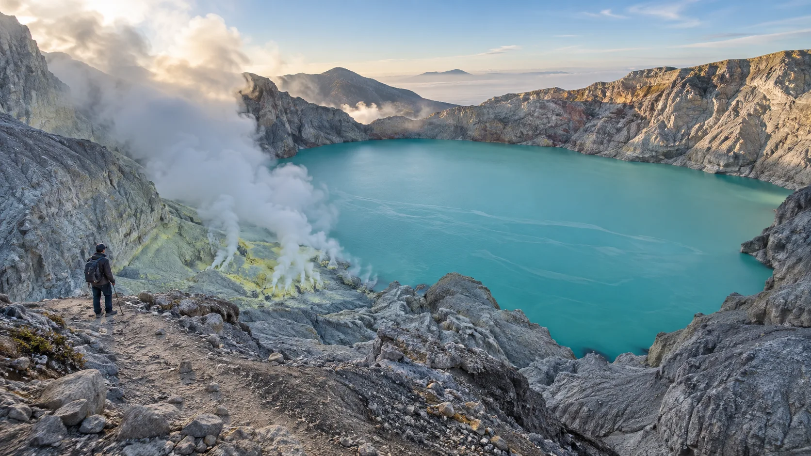 Turquoise Ijen crater lake and yellow sulfur fumaroles viewed from the rocky rim in East Java.