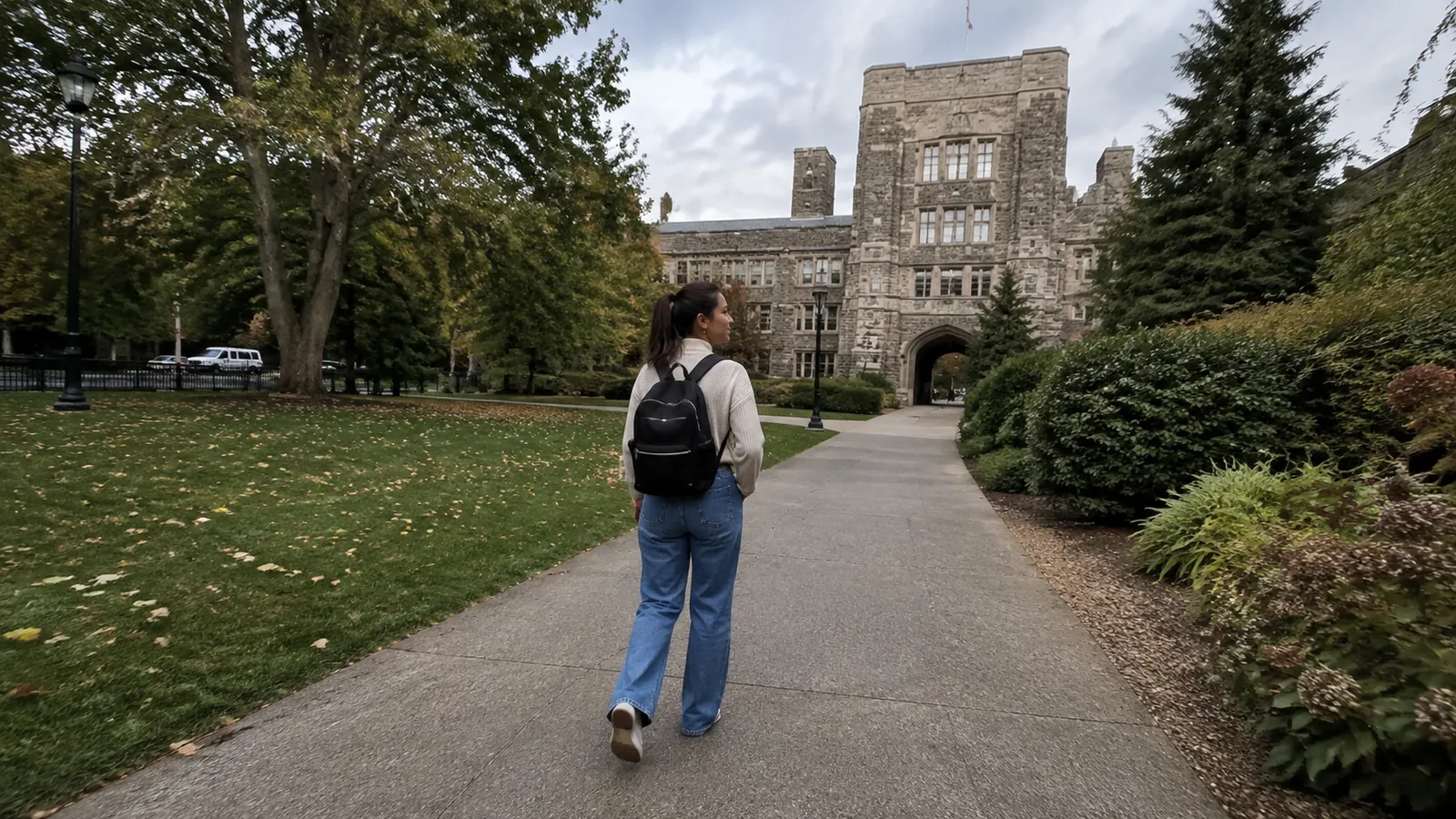 Backpacker walking along a path toward a large stone building.