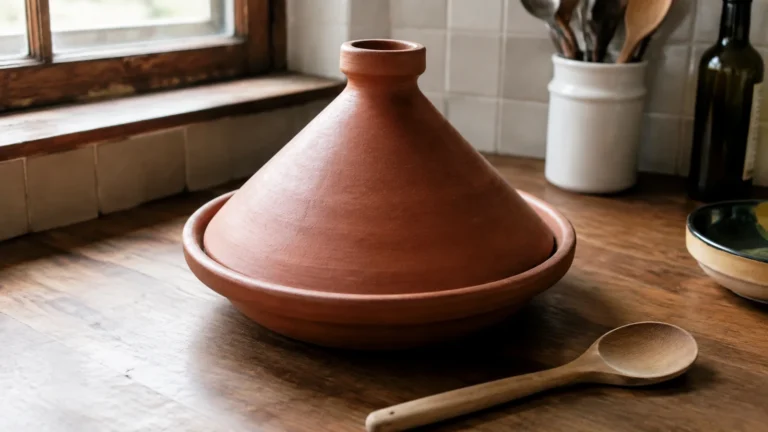Terracotta tagine with a conical lid on a wooden kitchen counter.