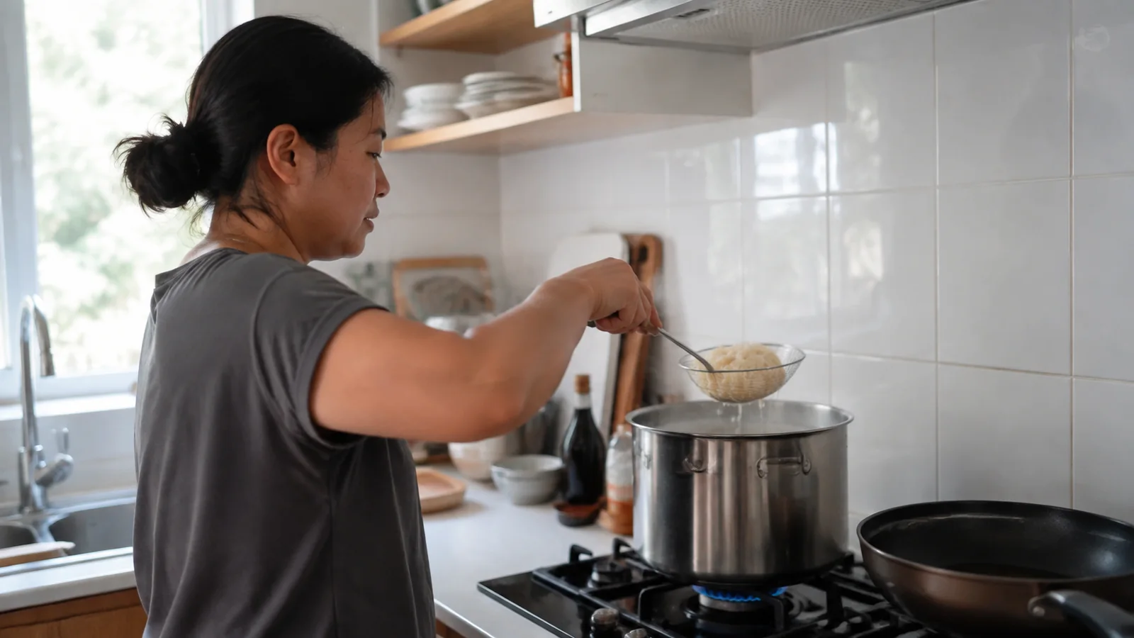 Woman lifting food with a strainer above a large cooking pot.