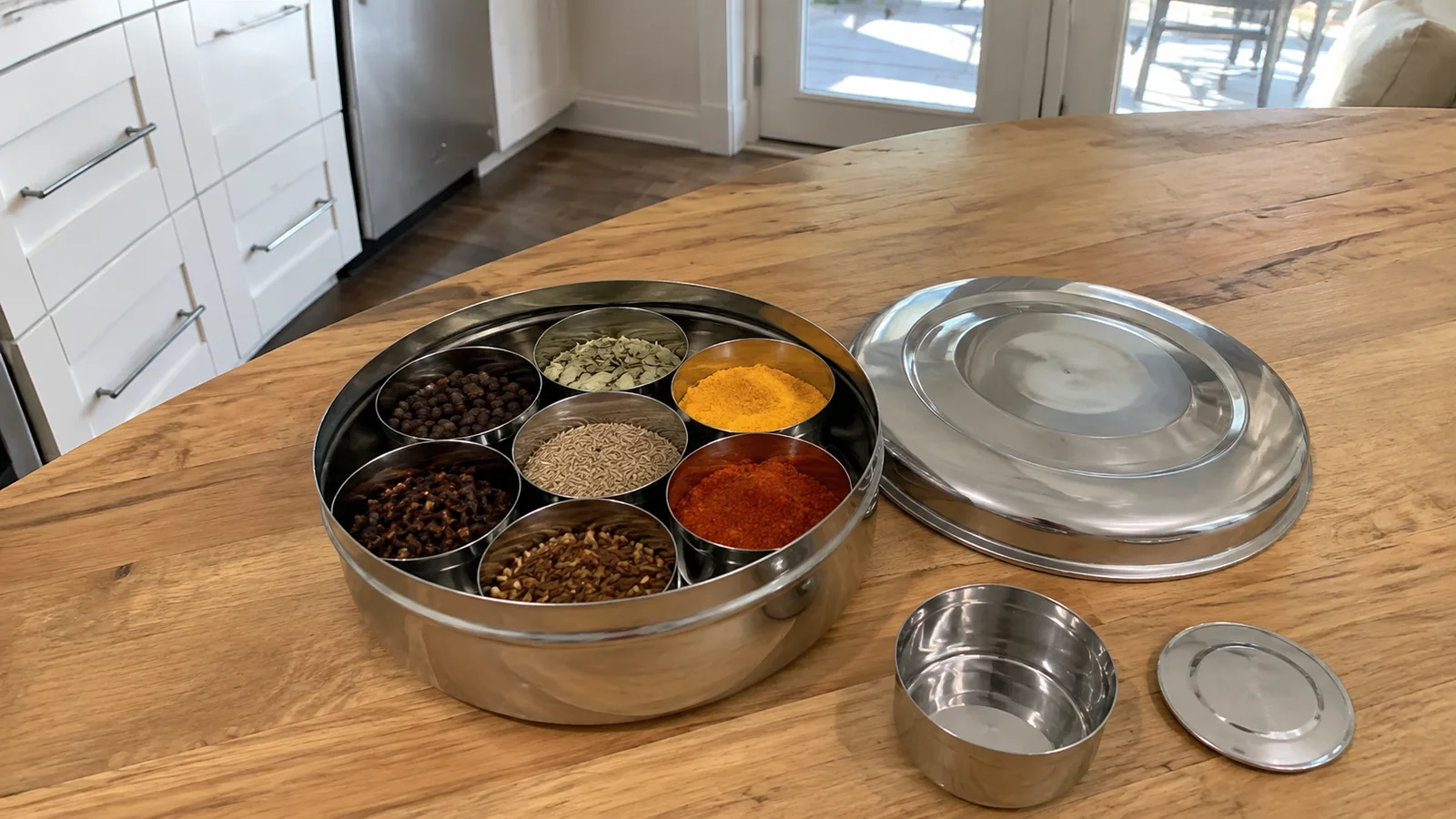 Round metal spice container filled with colorful spices on a wooden table.