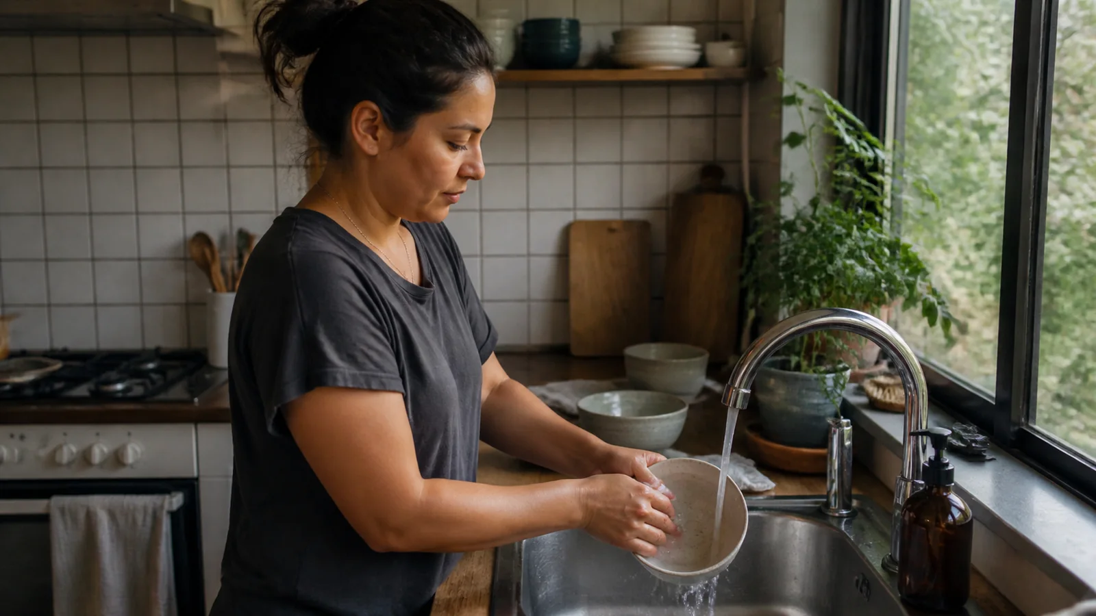 Woman washing a dish under running water at a kitchen sink.