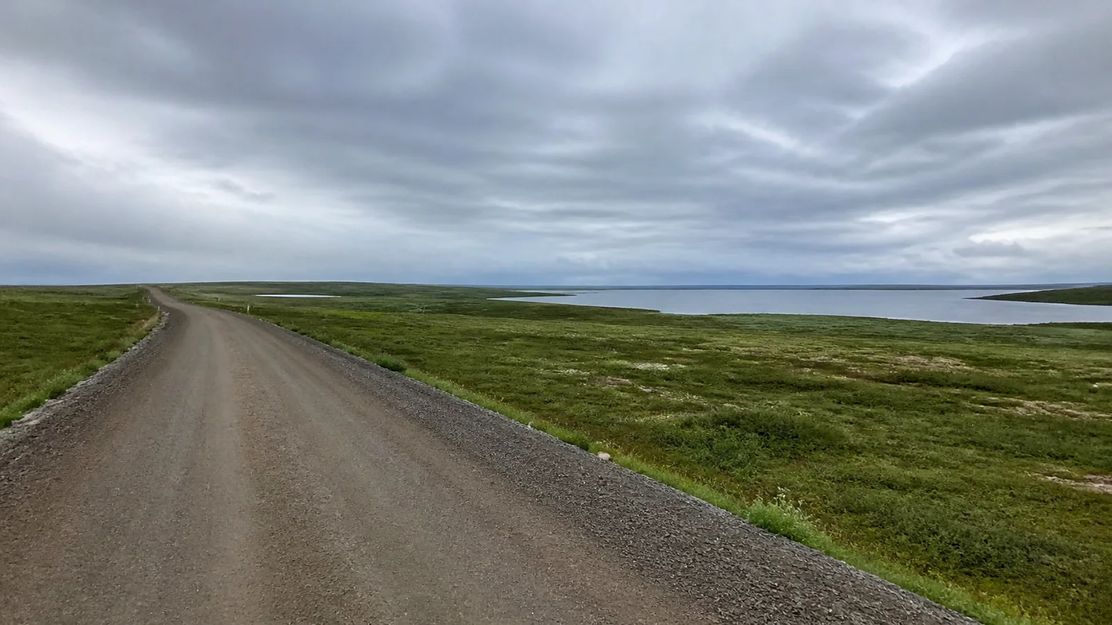 Empty gravel road crosses flat green tundra beside water.