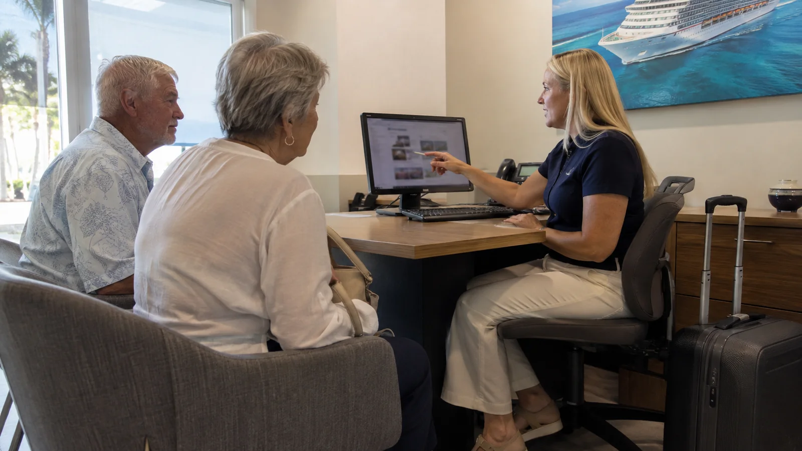 Couple discussing cruise options with a travel adviser.