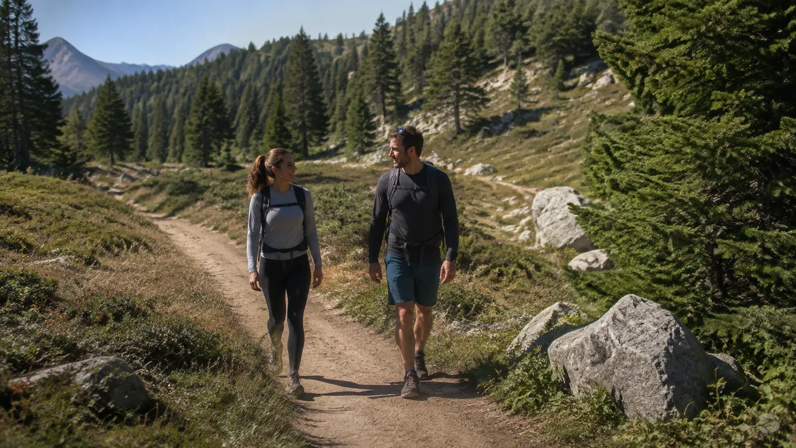 Two hikers walk together on a rocky mountain trail.