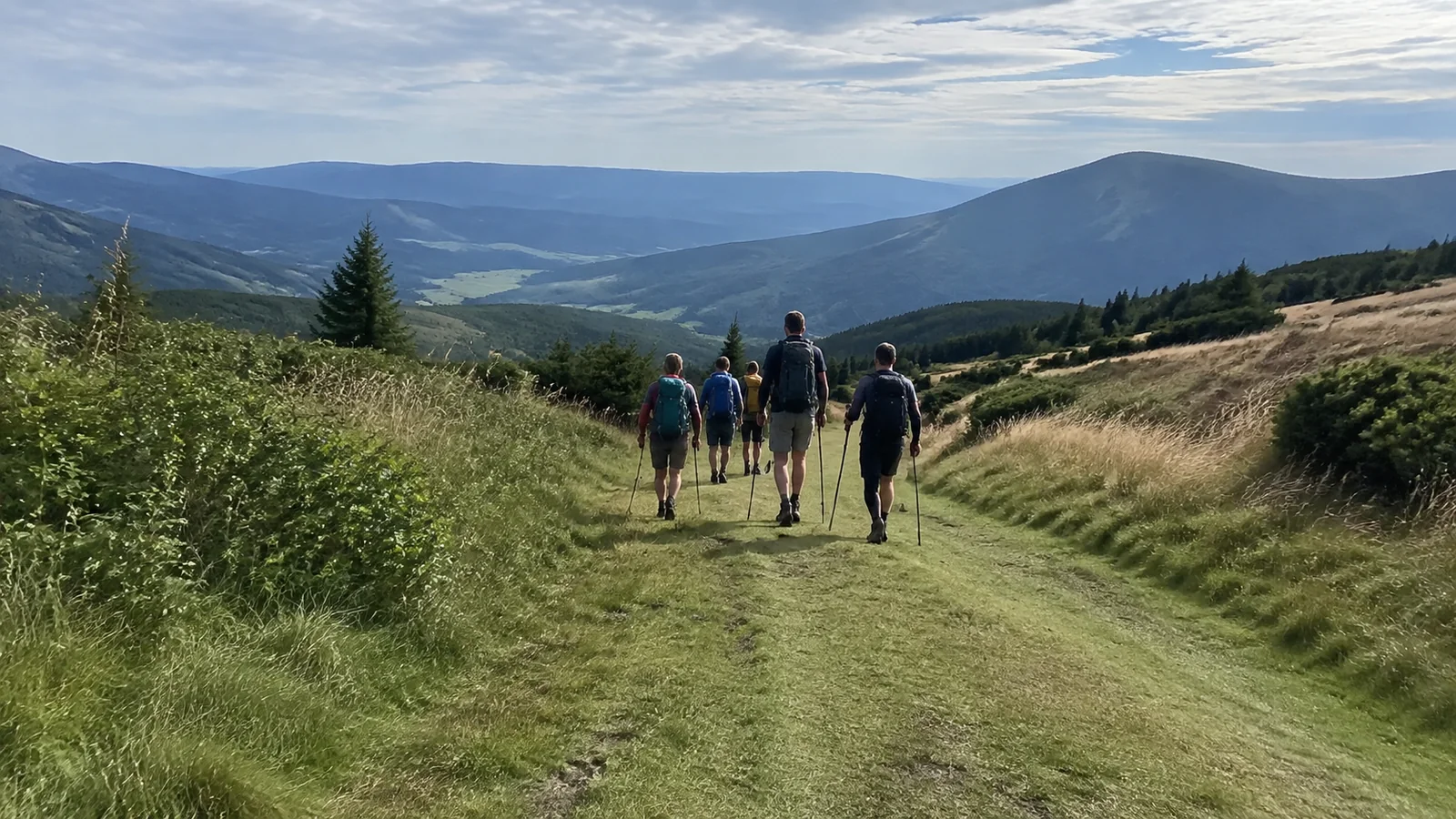 Four hikers follow a grassy hillside trail overlooking distant mountains.