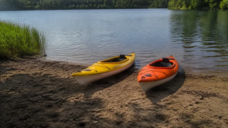 Yellow and orange kayaks rest on sand beside a calm lake.