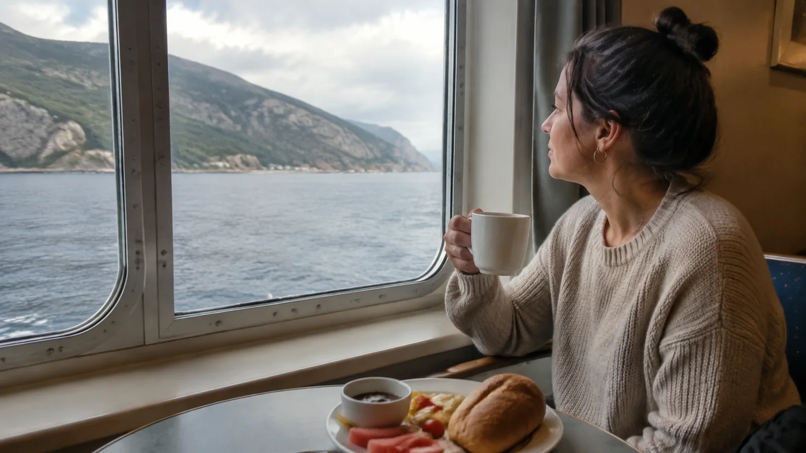 Passenger enjoying breakfast beside a ship window near a mountainous coast.