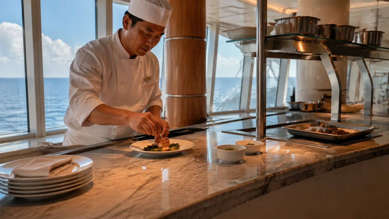 Chef arranges food on a plate at an open kitchen counter.