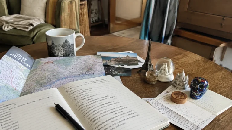Open travel journal, maps, postcards, and souvenirs on a wooden table