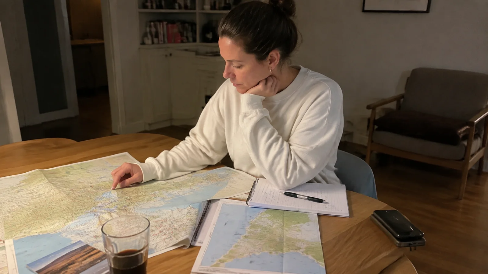 Woman studying maps and notes at a wooden table