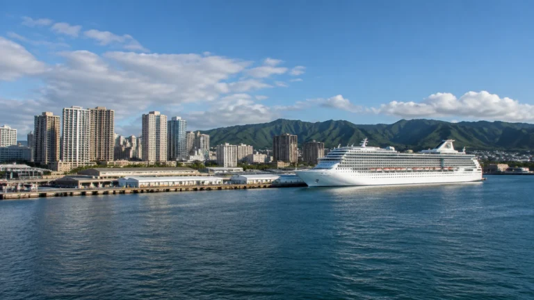 Cruise ship near a city waterfront backed by green mountains.