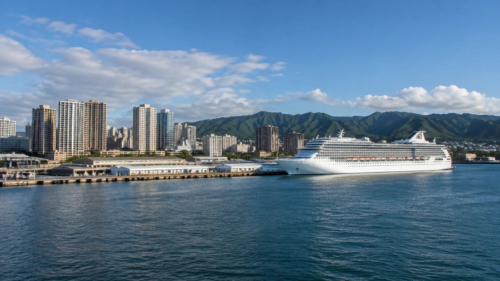Cruise ship near a city waterfront backed by green mountains.