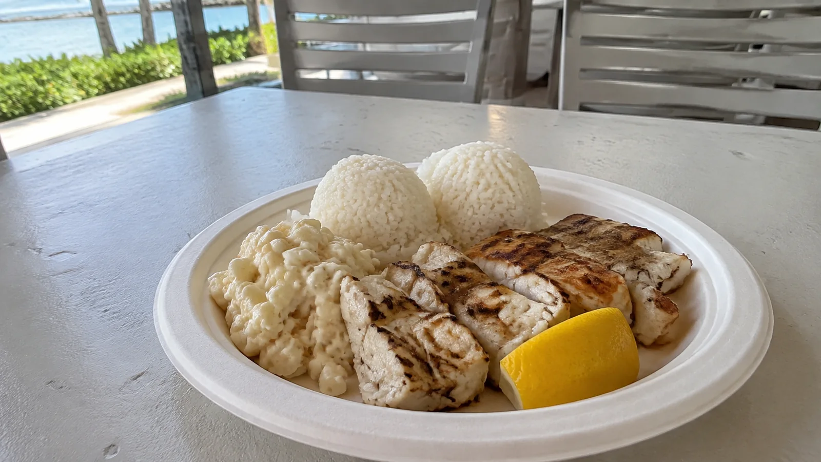Grilled fish, rice, macaroni salad, and lemon on a white plate.