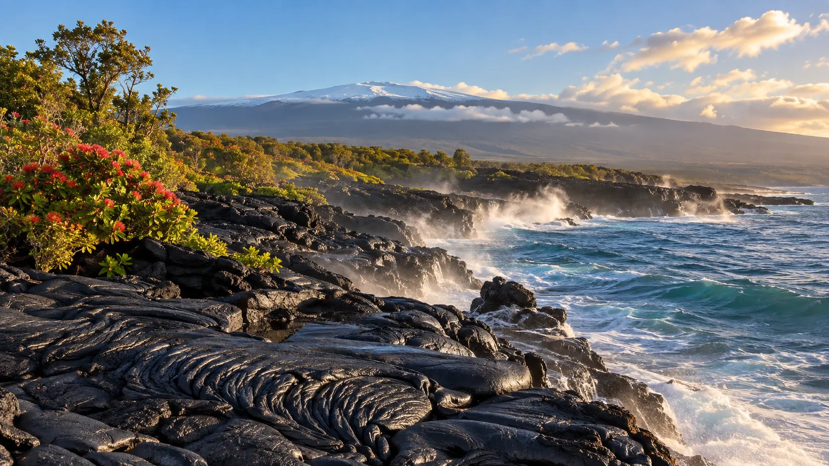 Black lava coastline, ʻōhiʻa flowers and snow-capped Mauna Loa on the Island of Hawai‘i.