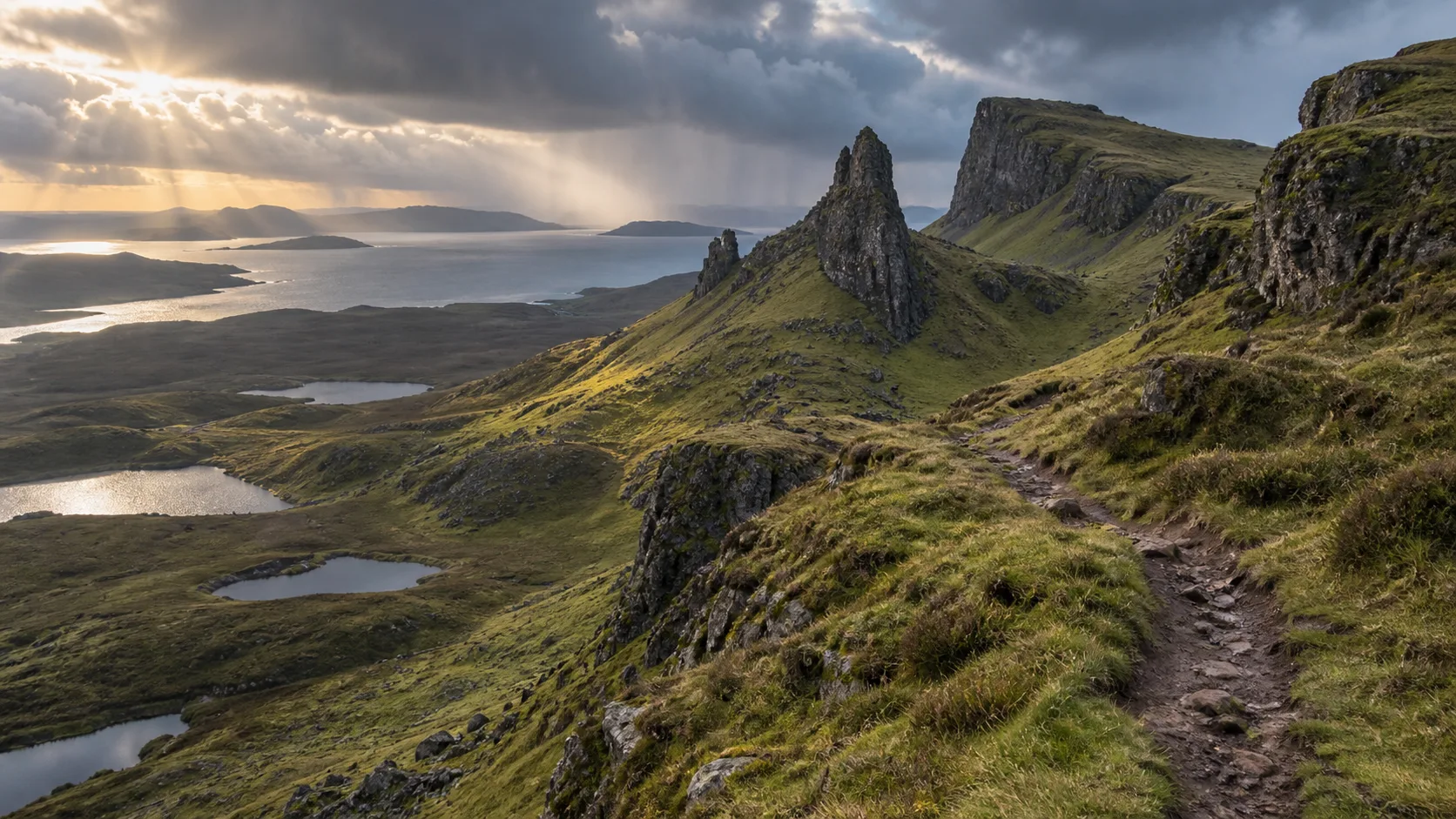 The rocky Quiraing ridge and green slopes overlooking lochs on the Isle of Skye.