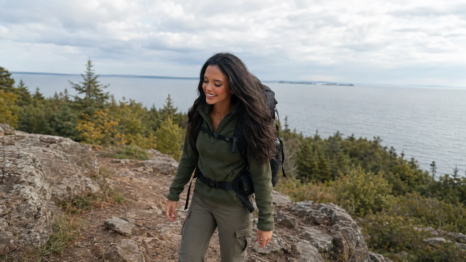 Woman hiking a rocky overlook above a forested lake coast.