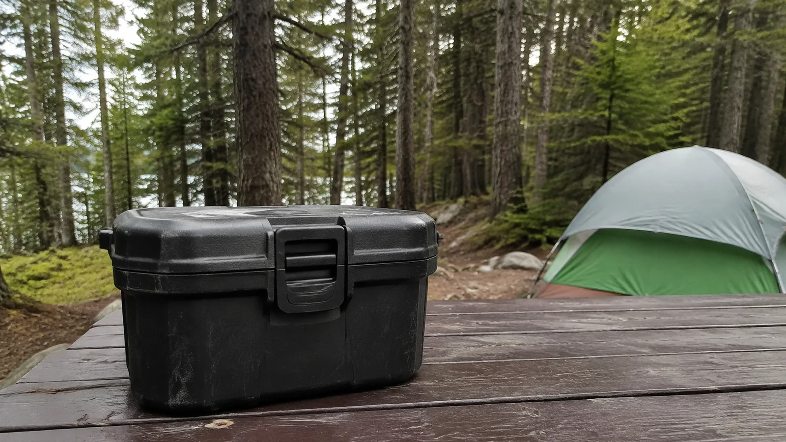 Black storage container on a picnic table beside a forest tent.