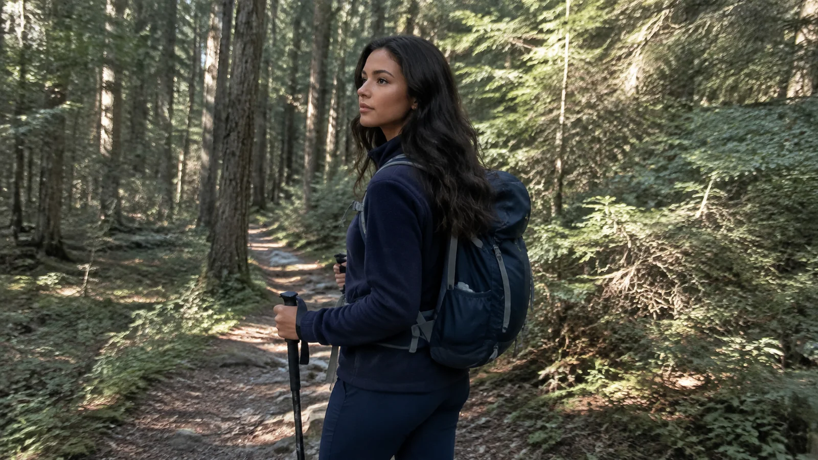 Woman with a backpack and trekking poles pauses on a forest trail.