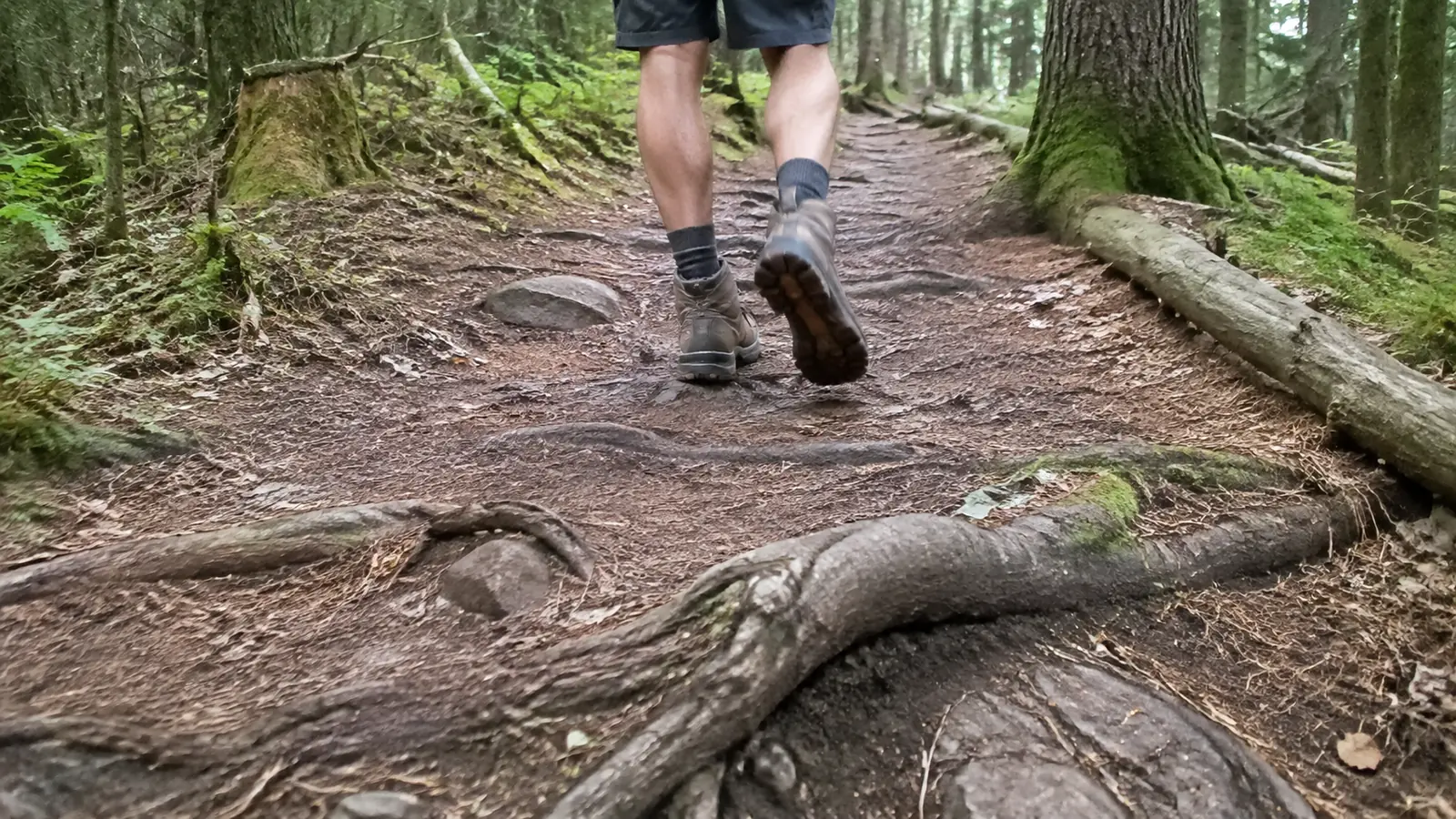 Hiker steps over exposed roots on a woodland path.