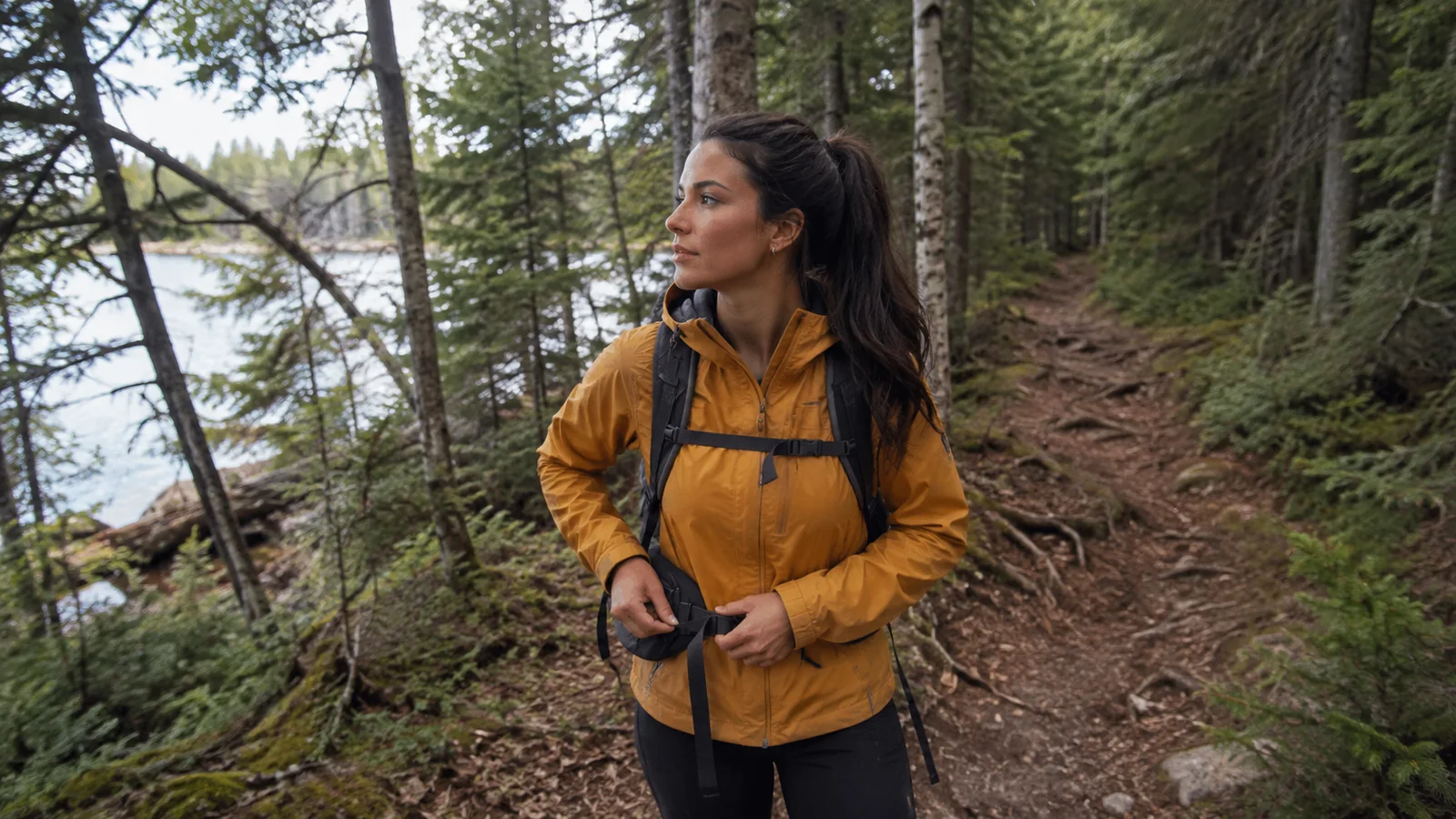 Woman adjusts her backpack belt on a wooded lakeside trail.