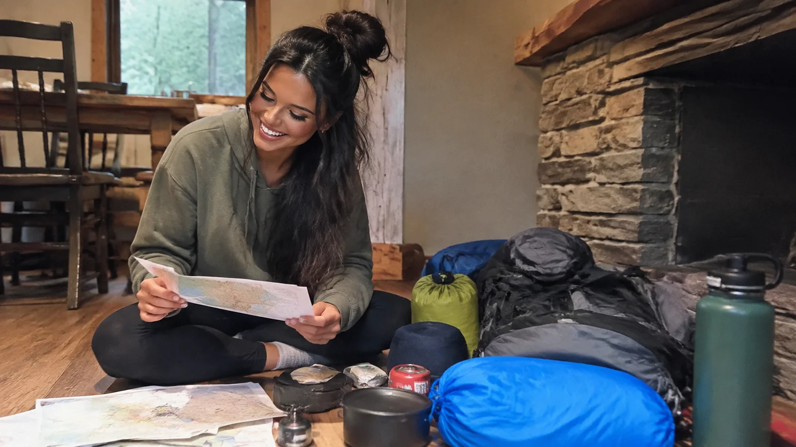 Smiling woman reviewing a map beside packed hiking and camping gear