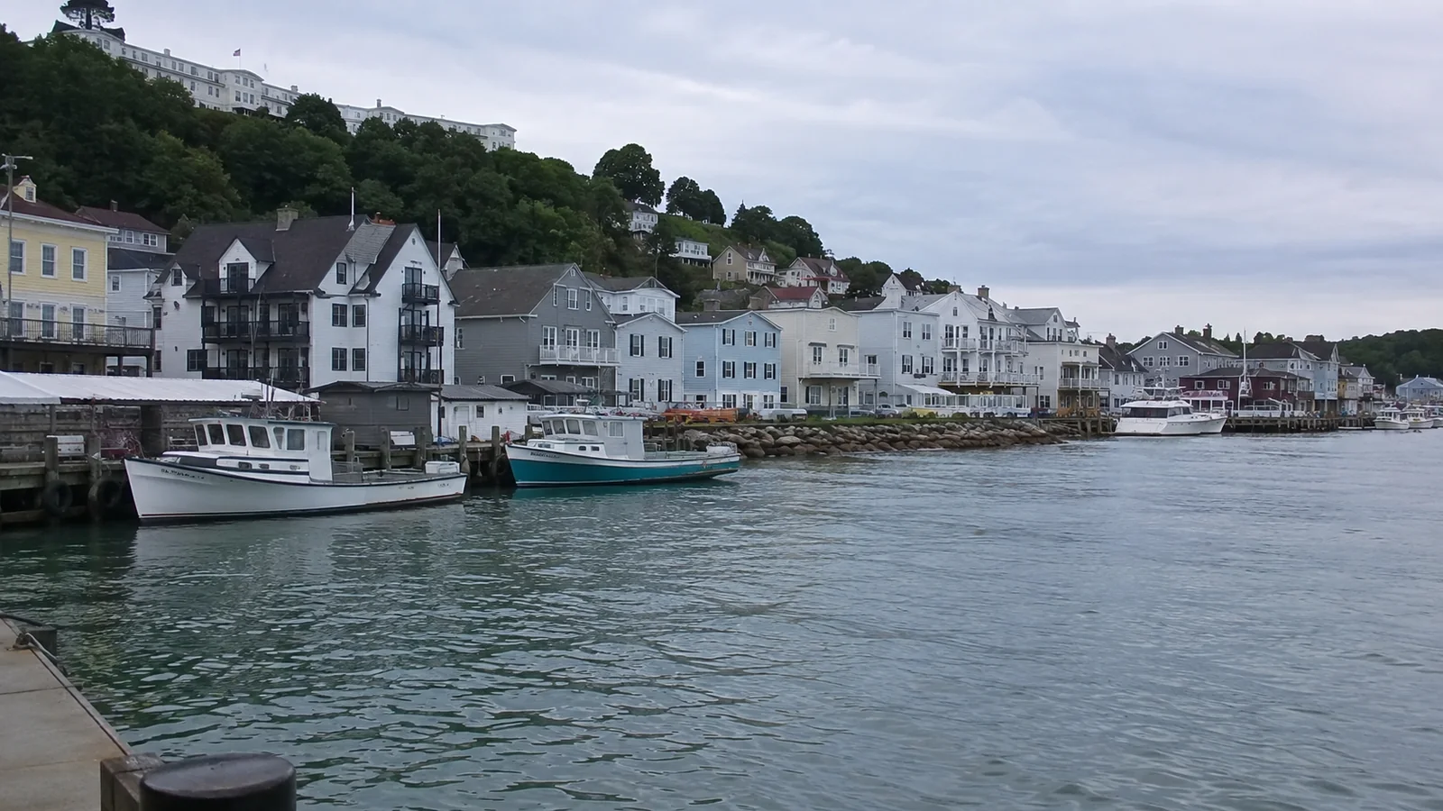 Small fishing boats moored beside waterfront houses beneath a wooded hillside.