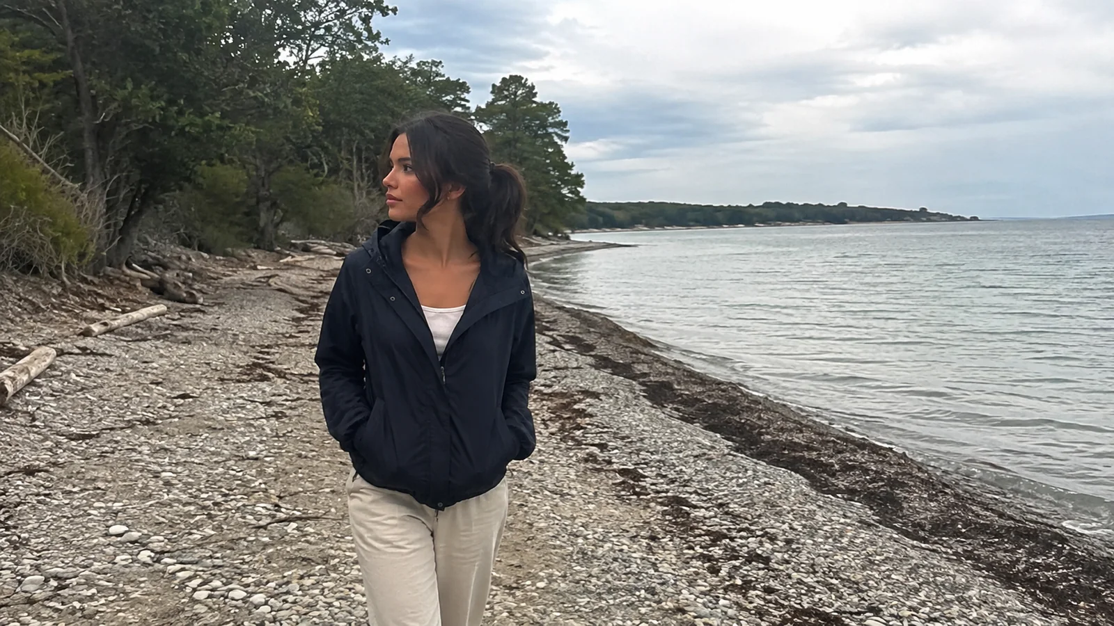 Woman standing on a pebbly shore beside calm water and forest.