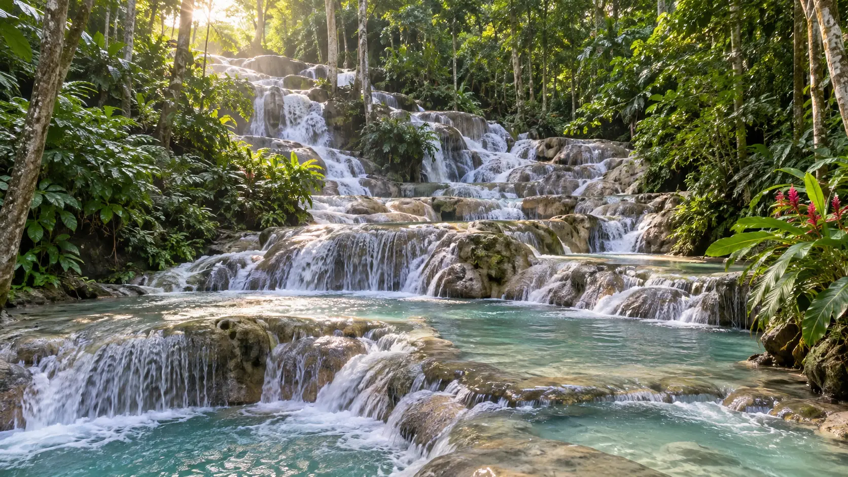 Blue natural pool and jungle waterfall at Blue Hole near Ocho Rios.