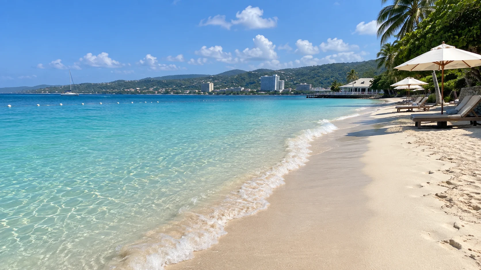 Clear turquoise water and pale sand at Doctor’s Cave Beach in Montego Bay.