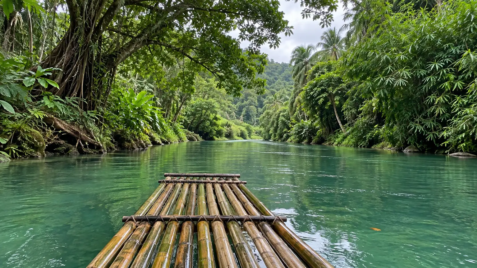 Bamboo raft on the calm green Martha Brae River beneath tropical trees.