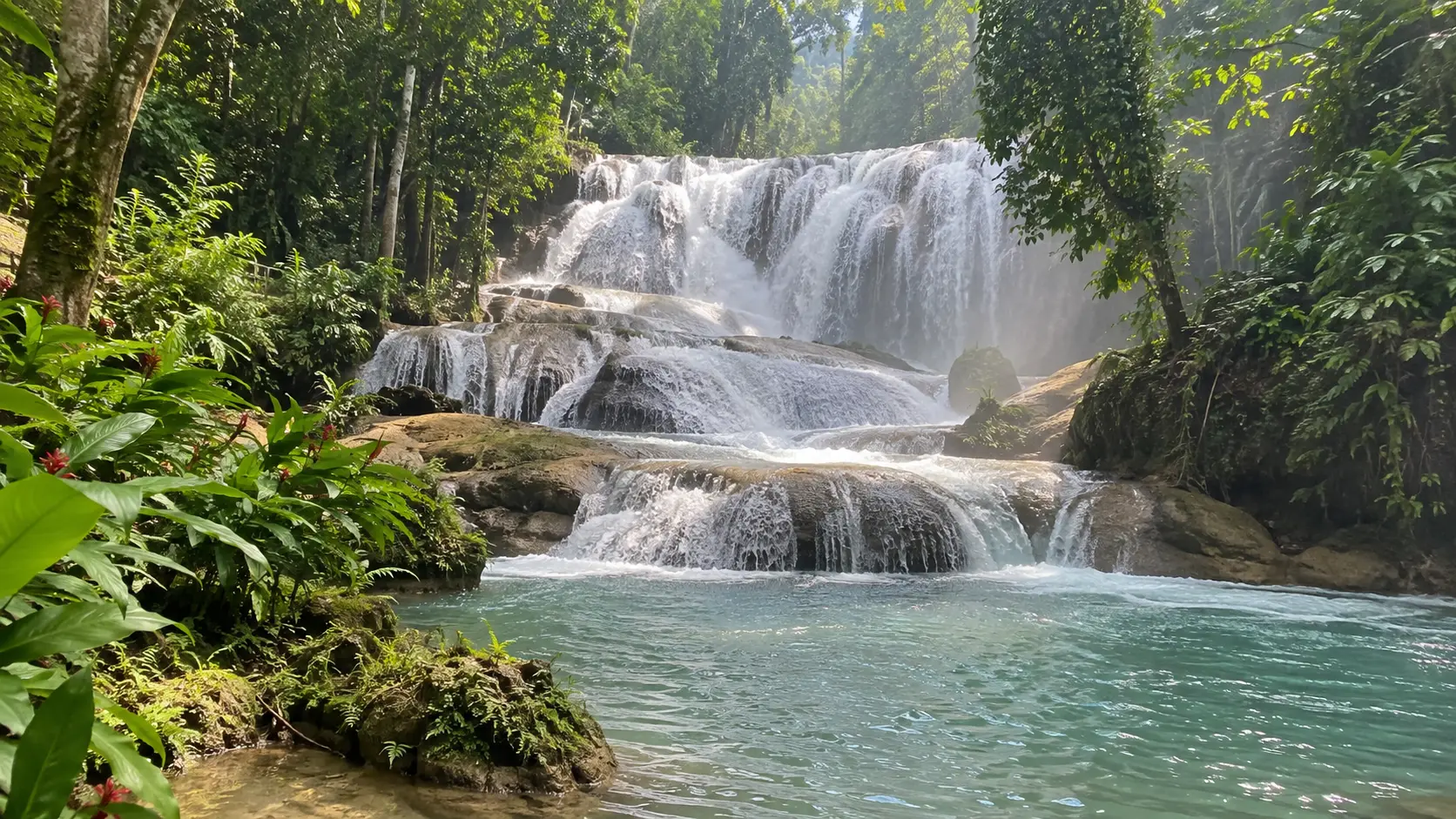 Wide tiered cascades and natural pools at YS Falls in Jamaica.