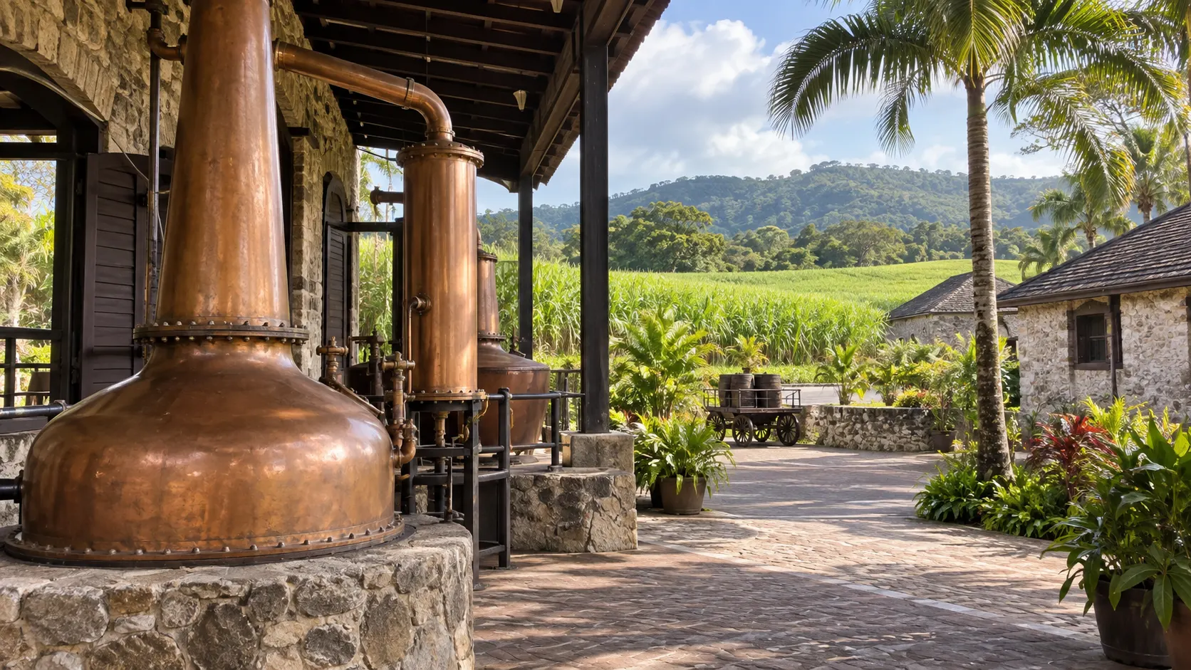 Historic rum estate courtyard and copper equipment at Appleton Estate.