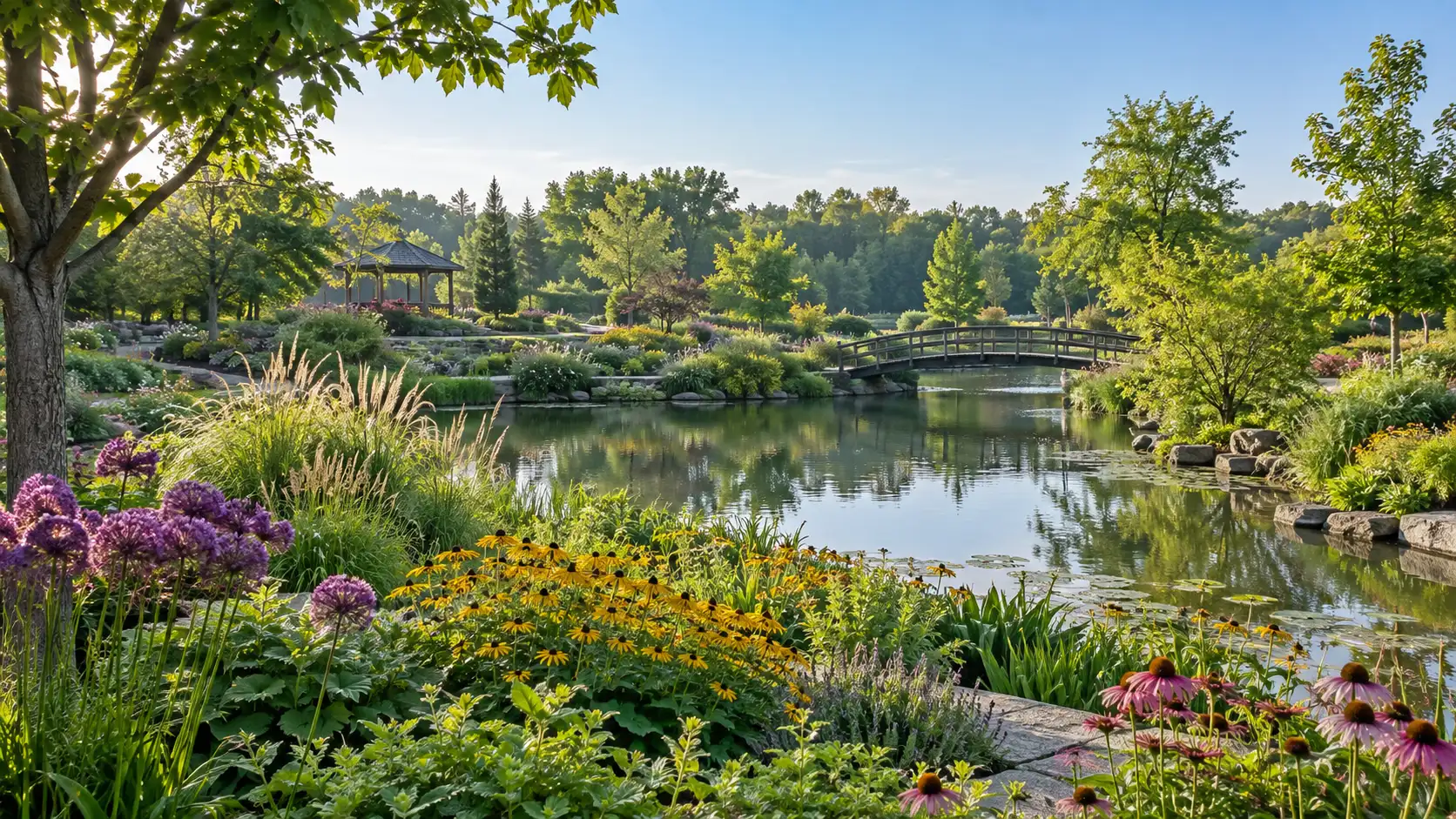 Colorful flower beds, a calm pond and a footbridge at Rotary Botanical Gardens in Janesville.
