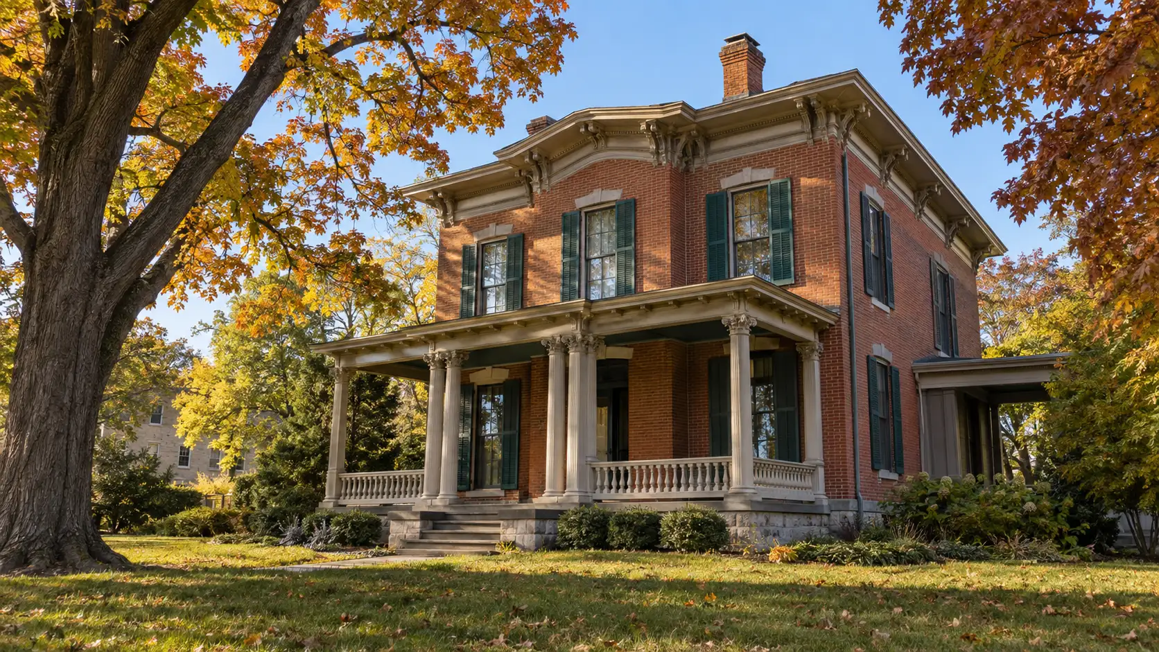 The historic Lincoln-Tallman House framed by autumn trees in Janesville.