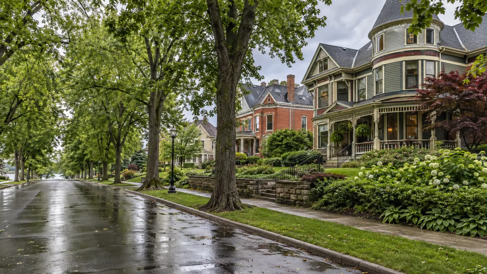 Victorian homes and mature trees along a rain-washed street in Janesville's Courthouse Hill neighborhood.