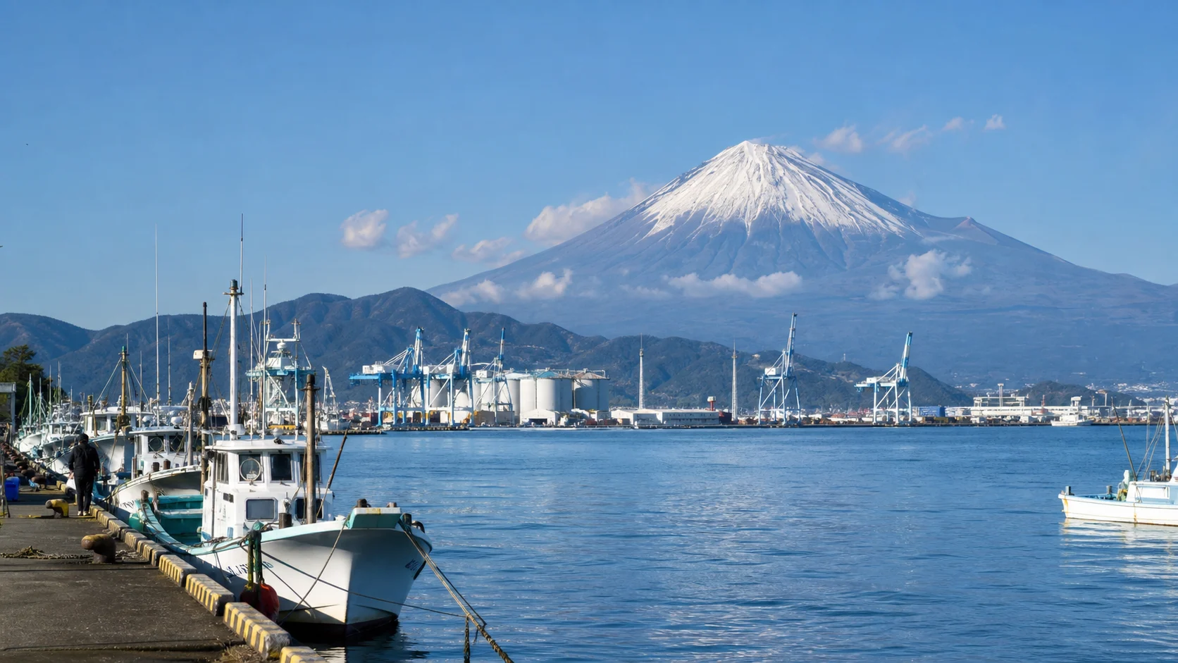 Mount Fuji rising behind the harbor at Shimizu cruise port.