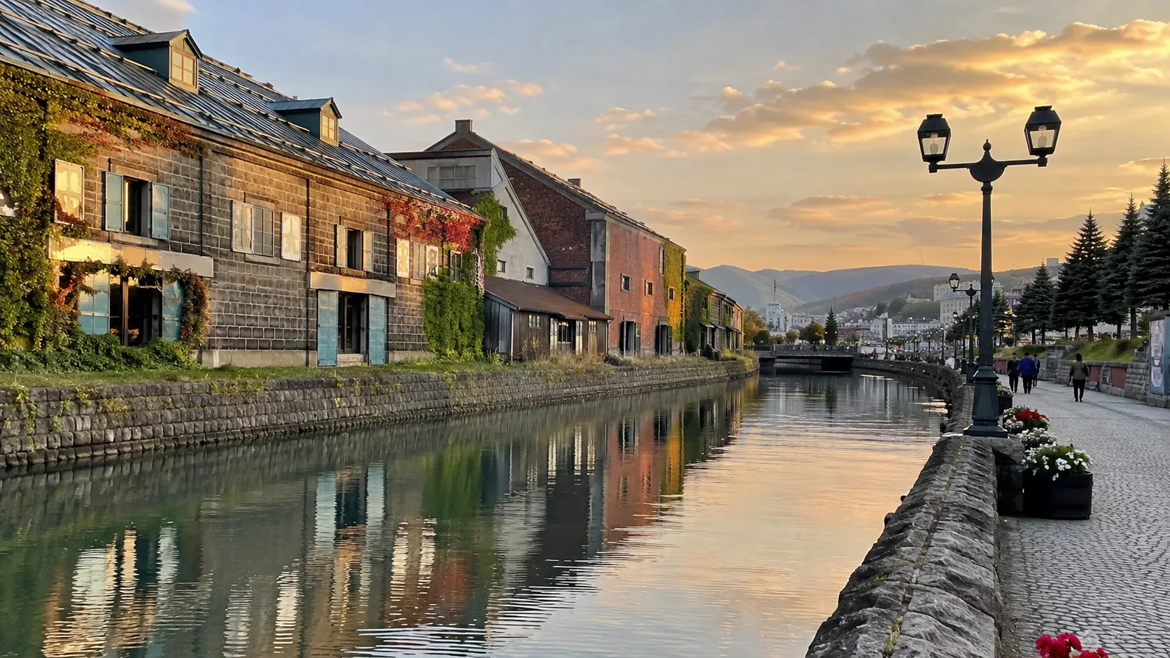 Historic stone warehouses lining the canal in Otaru.