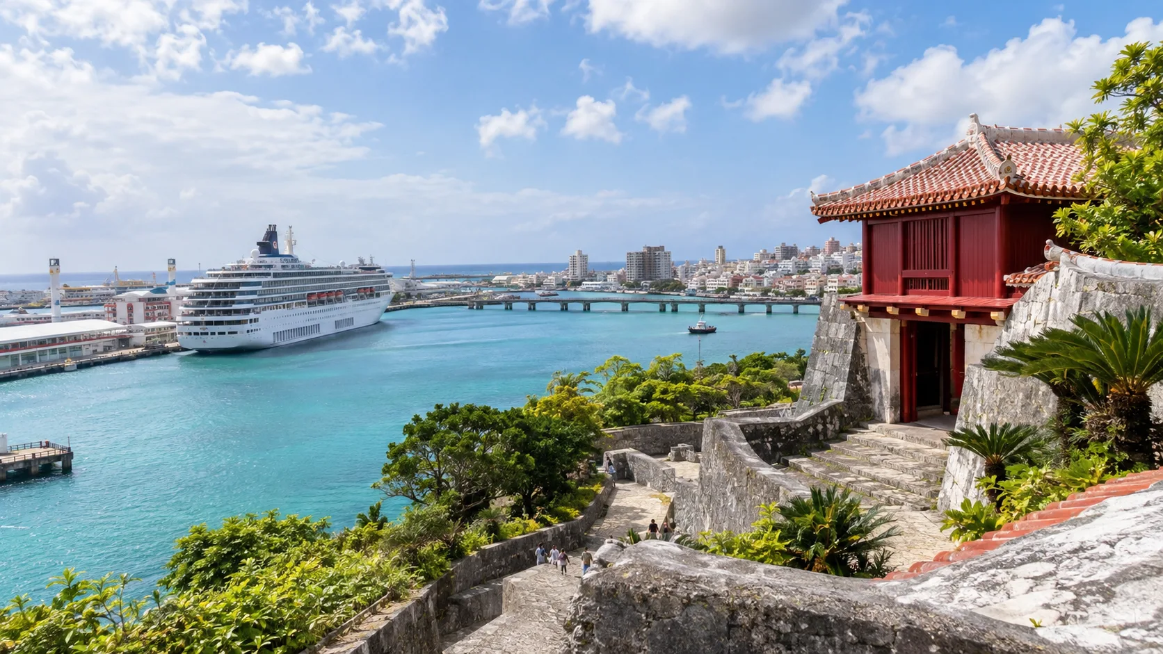 Turquoise water and red traditional architecture near Naha port in Okinawa.