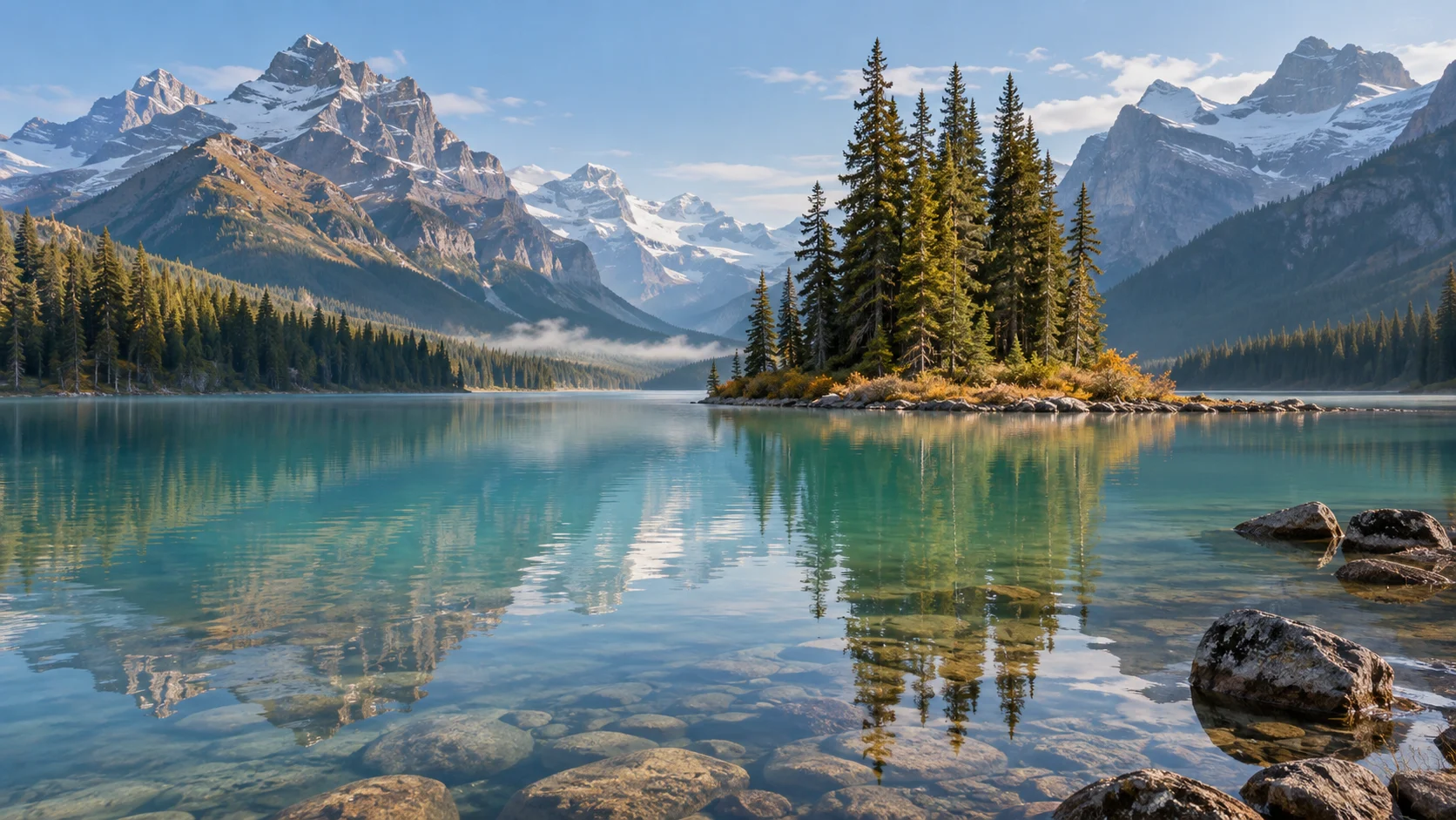 Spirit Island and the Canadian Rockies reflect in turquoise Maligne Lake in Jasper National Park.