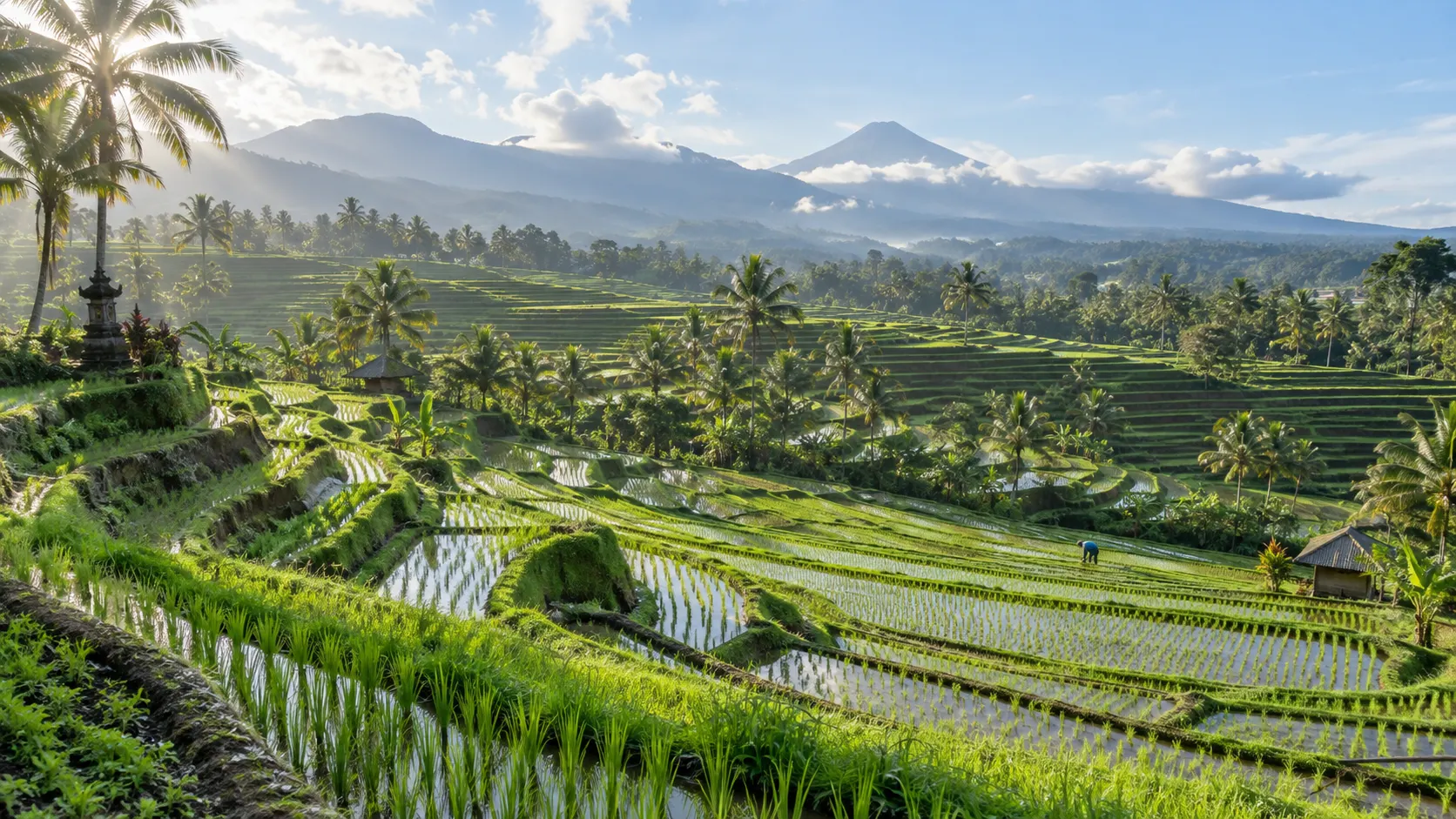 Water-filled emerald rice terraces curve through Jatiluwih beneath Bali's volcanic highlands.