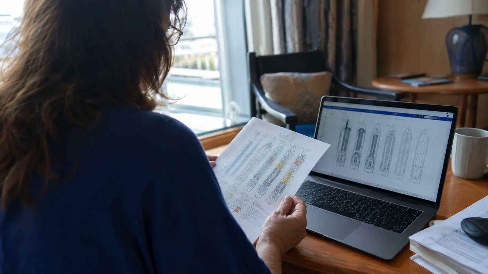 Woman comparing a printed cruise ship deck plan with a laptop