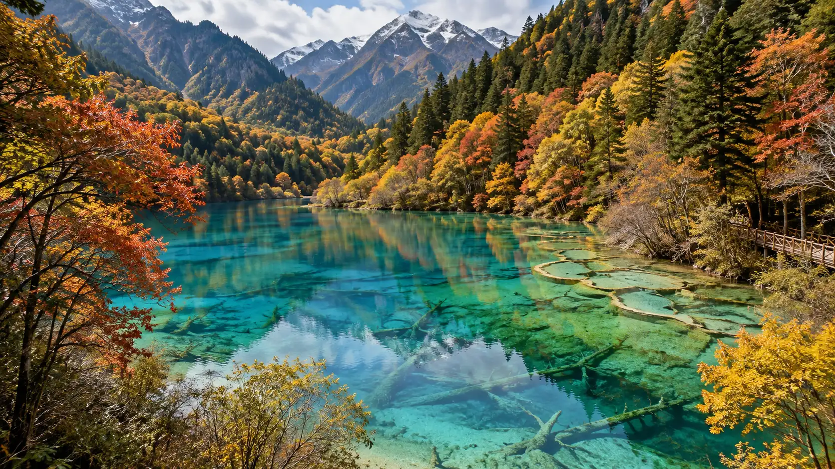 Clear turquoise water and autumn forest surround Five Flower Lake in Jiuzhaigou Valley National Park.
