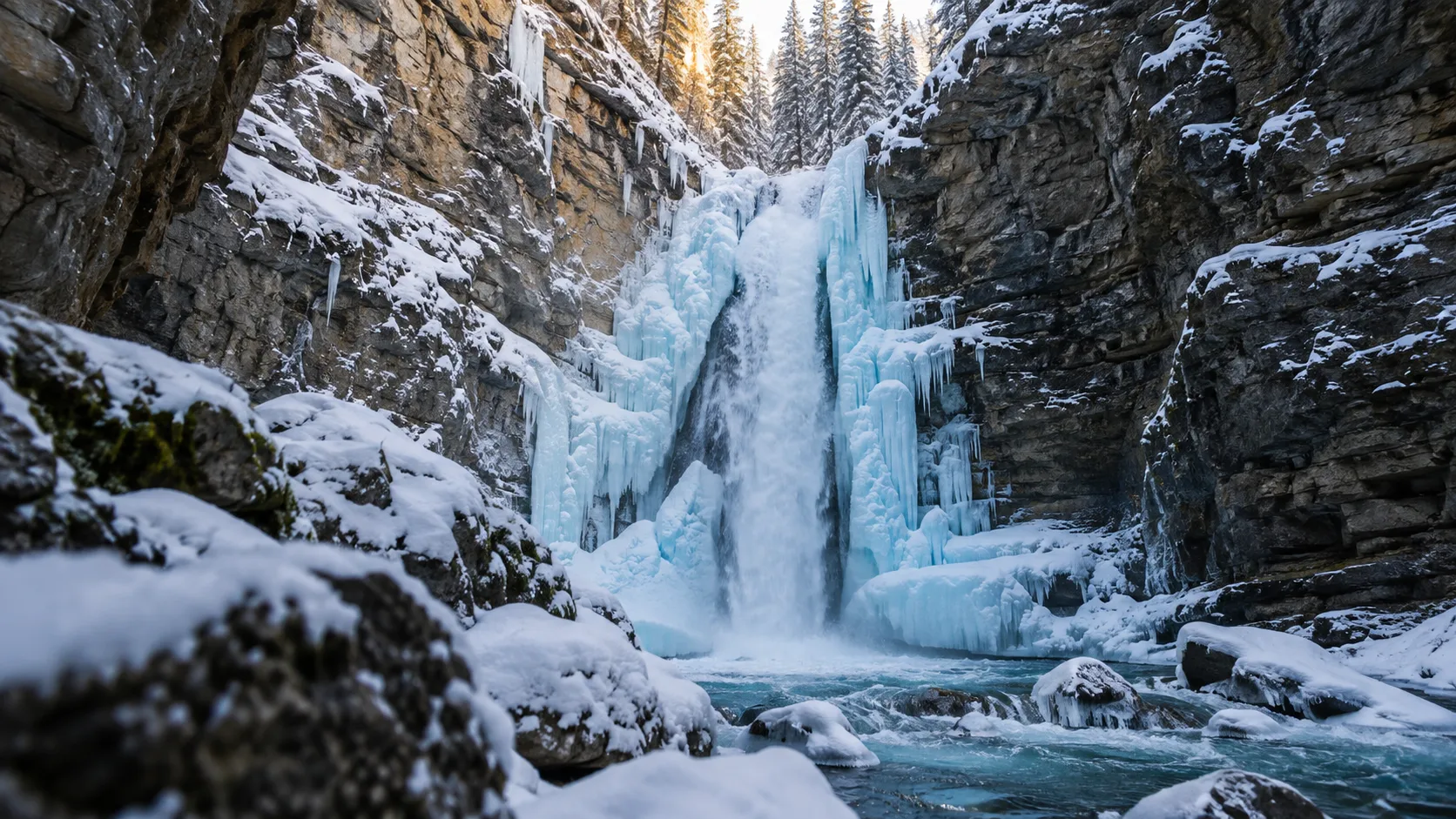 Blue ice surrounds the flowing Upper Falls in snowy Johnston Canyon, Banff.