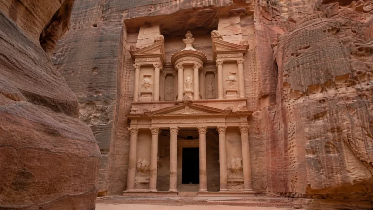Ornate columned facade carved into a towering red sandstone cliff.