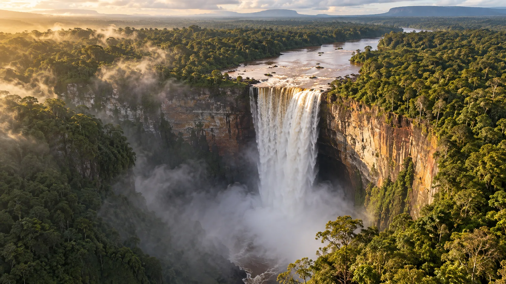 Kaieteur Falls plunging from a sandstone plateau into Guyana's rainforest